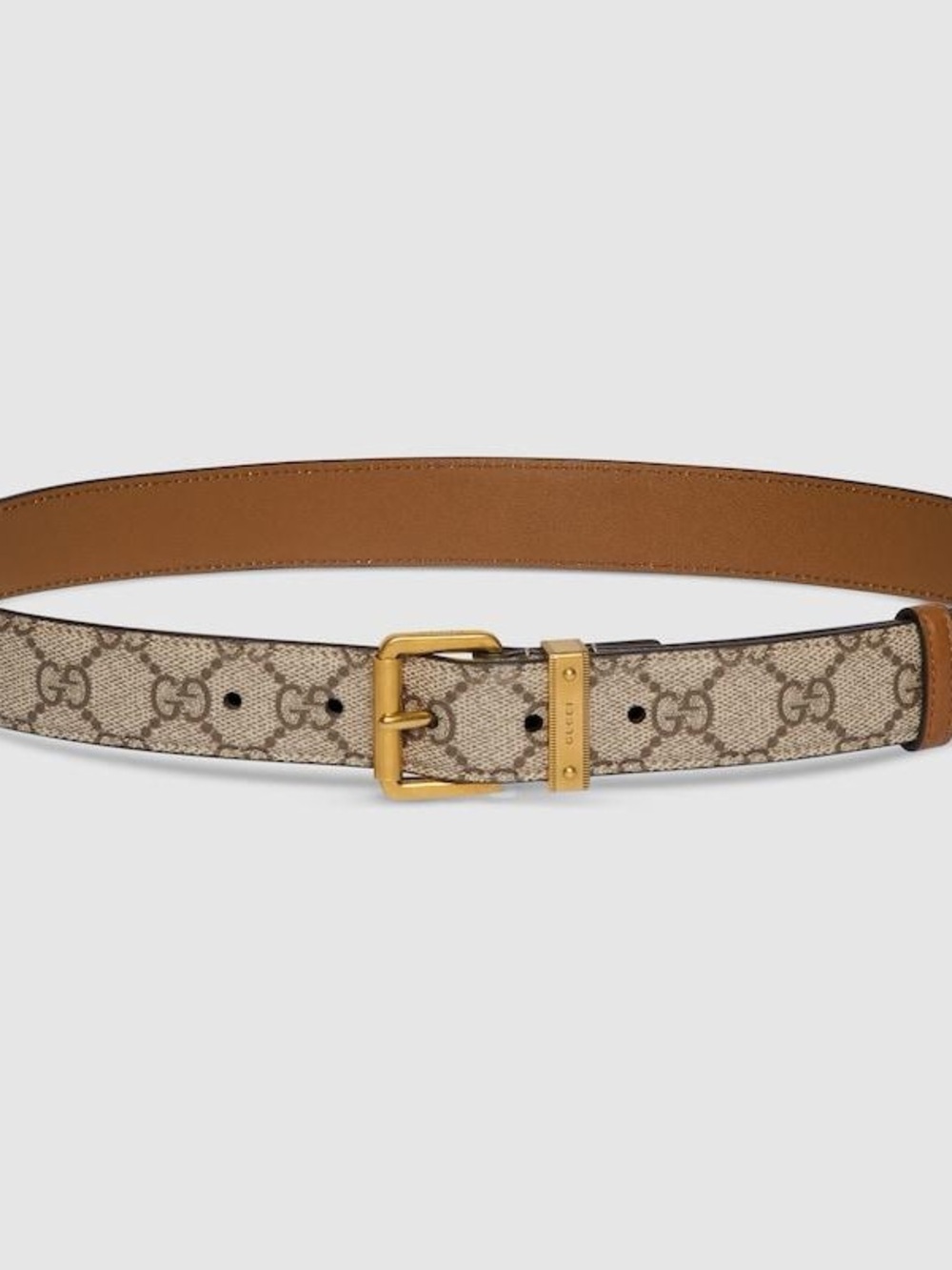 Gucci Beige GG Canvas Belt with Brown Leather and Gold Buckle
